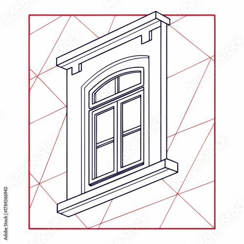Arched window with multiple panes outlined in dark blue