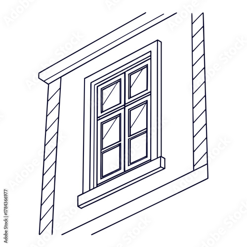 Dark blue outline window with four panes on building