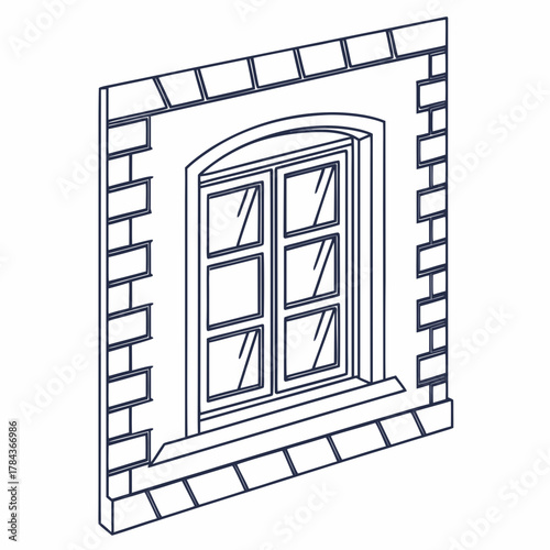 Dark blue outline of arched window in brick wall vector