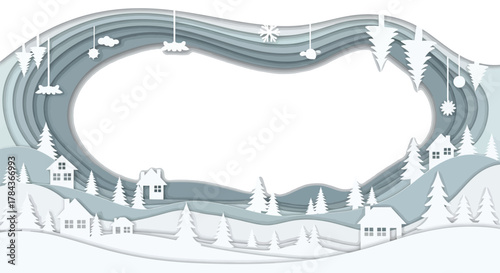 Abstract layered paper art of a winter wonderland copy space scene with houses, fir trees, and Christmas decorations on a white background