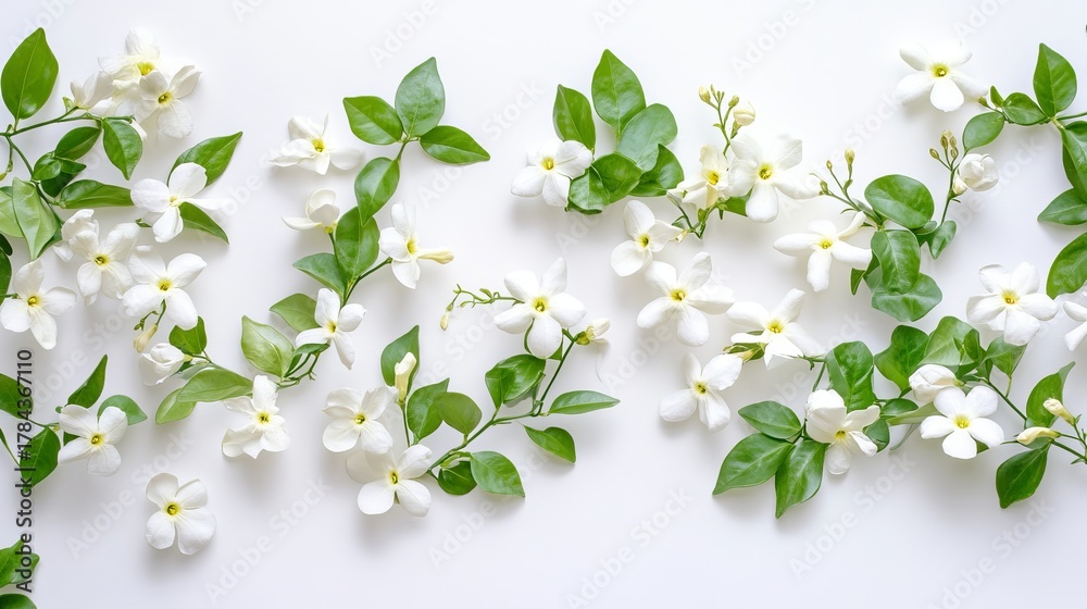 Fototapeta premium Panoramic view of delicate jasmine flowers arranged on white surface