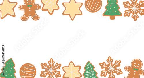 Hand drawn style gingerbread cookie border copy space for Christmas holiday season. Festive sweet food frame with copy space for text