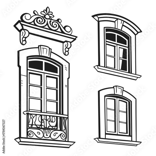 Four vintage style windows ornate balcony railing retro