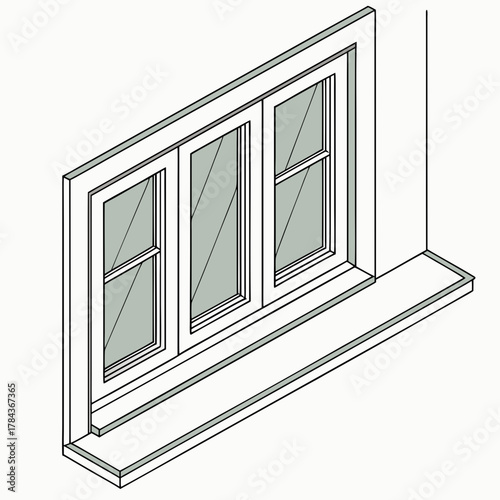 Isometric triple pane window with sill window frame