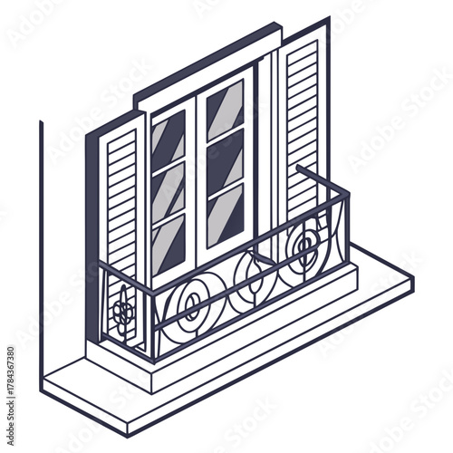Isometric window with balcony and shutters vector