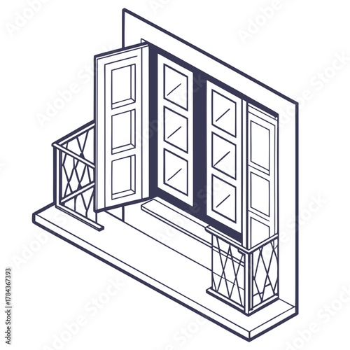 Isometric window with open shutters and balcony railing 1