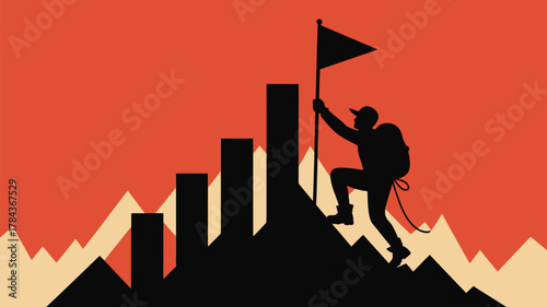 Man conquering mountain peak with flag illustration represents success and achievement, perfect for inspiring business and motivational themes