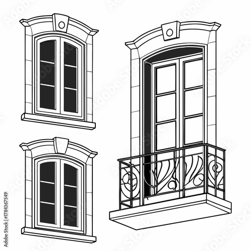 Three ornate architectural windows with balcony railing