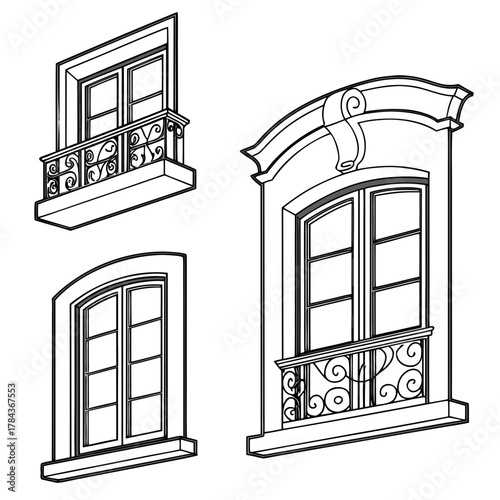 Three ornate architectural window designs balcony