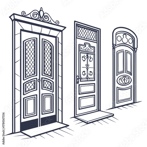 Three ornate vintage doors with patterned panes retro