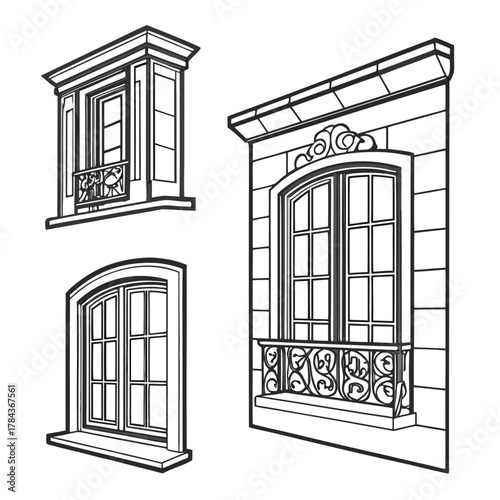Three ornate architectural windows with balconies balcony
