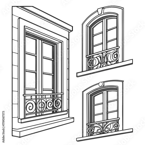 Three ornate balcony windows with decorative railings