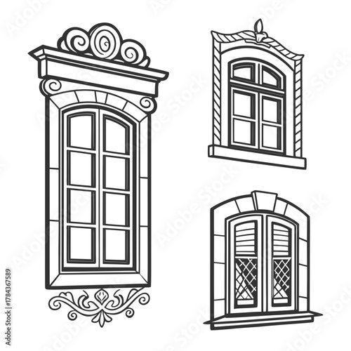 Three ornate vintage style window illustrations retro
