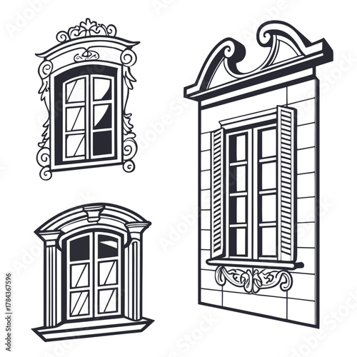 Three ornate vintage style windows with decorative frames
