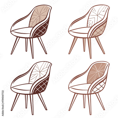 Four brown and beige chairs with patterned upholstery