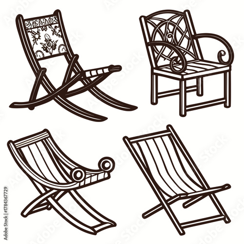 Four brown outline deck chairs and lounge chairs outdoor furniture