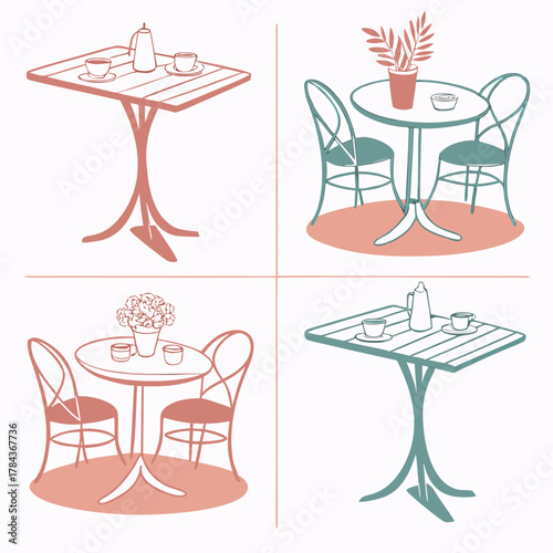Four cafe table settings with chairs and drinks coffee