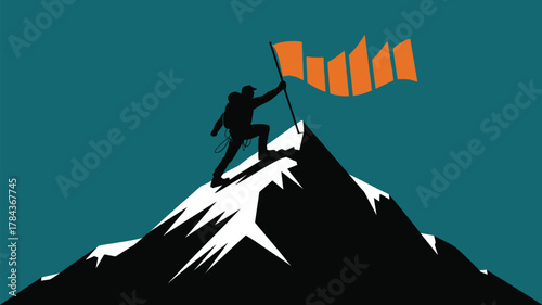Inspiring mountain climber victoriously plants flag atop snowy peak, symbolizing ambition, achievement, and overcoming challenges in business and life