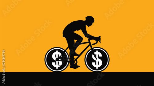 Ride to financial success! A cyclist with dollar signs on wheels symbolizing business growth and investment gains in a bold, modern design