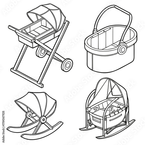 Four isometric baby carriage and bassinet icons pram