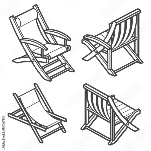 Four isometric deck chair icons line art beach chair