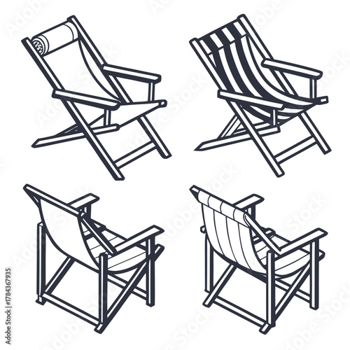 Four isometric deck chair icons in outline style beach chair