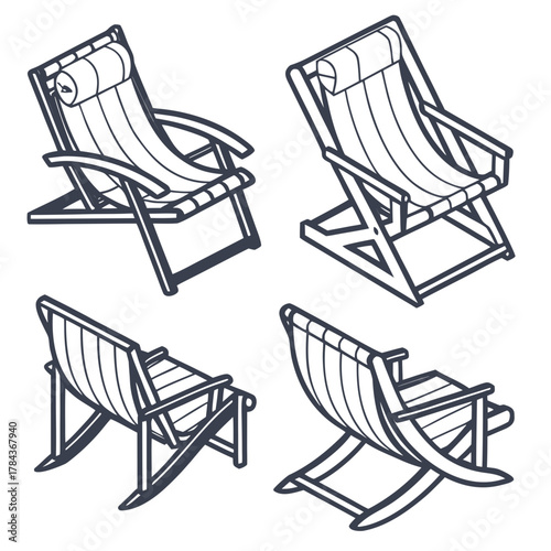 Four isometric deck chair icons line art lounge chair