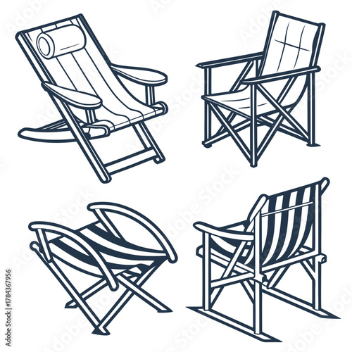 Four isometric deck chairs vector icons lounge chair