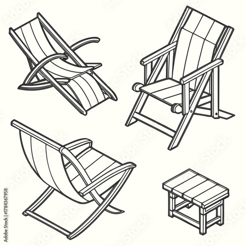 Four isometric deck chairs and table line art lounge chair
