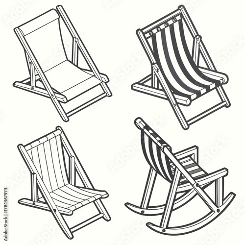 Four isometric deck chairs with striped and plain fabric