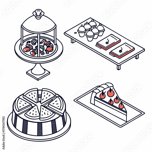 Four isometric food icons with red accents vector illustration