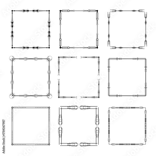 Set Black Simple Line Frame Collection Doodle Square Floral Frame Elements Vector Design Style Sketch Isolated Illustration For Banner