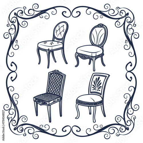 Four ornate vintage chairs within decorative frame