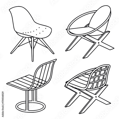 Four outline chair icons with thin black strokes silhouette