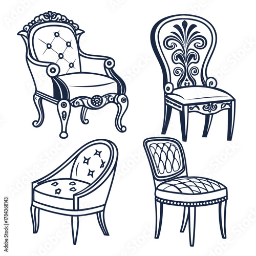 Four ornate vintage style chairs with dark blue outlines