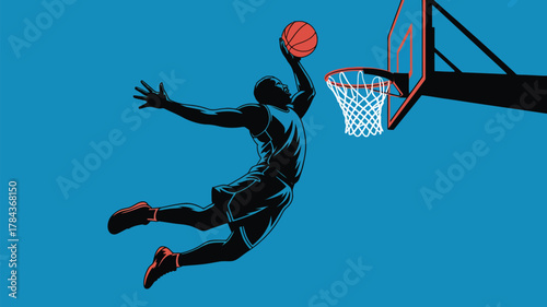 Dynamic basketball player soaring for slam dunk against vibrant blue background, embodying energy, skill, and competitive spirit in athletic design