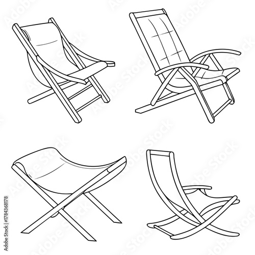 Four outline deck chairs and lounge chairs icon graphic
