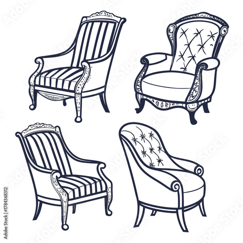 Four vintage style ornate chairs in dark blue outline