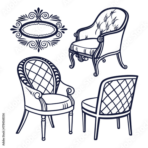 Three ornate vintage chairs and decorative frame antique