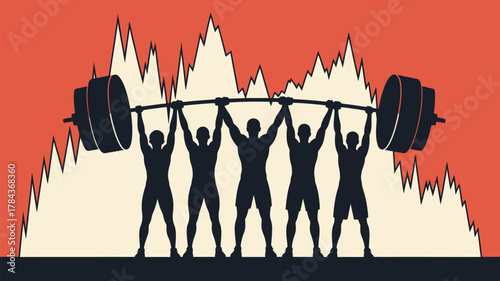 Group of athletes working together to lift heavy weight, symbolizing teamwork and overcoming challenges with market volatility and resilience