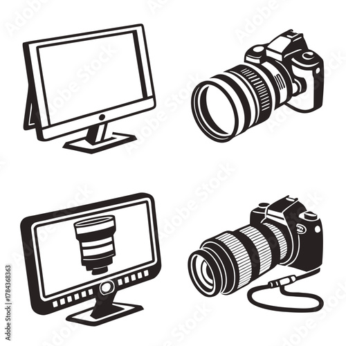 Four black and white icons of computer monitors and cameras