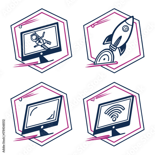Four computer monitor icons with space and technology themes