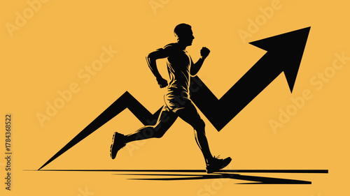 Dynamic silhouette of runner achieving goals with upward arrow, perfect for fitness success and business growth motivation, vibrant and modern