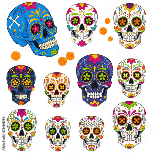 Vibrant Mexican Sugar Skulls Collection for Día de los Muertos Celebration. Ornate Calavera Set with Floral Patterns, Dots, and Bright Colors, Idea...