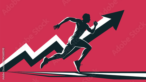Dynamic runner sprinting towards success against an upward trending arrow, symbolizing ambition and growth in business and personal achievement