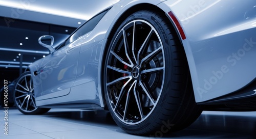 Luxury Sports Car Wheel: Close-up of a Tire and Custom Rim on a White High-End Sports Car in a Modern Showroom for Automotive Design and Performance