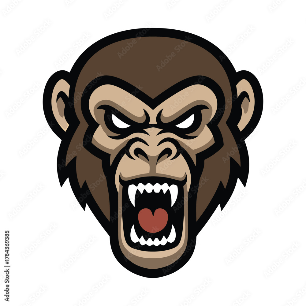 Fototapeta premium Angry gorilla head with bared teeth and white eyes roaring monkey animal