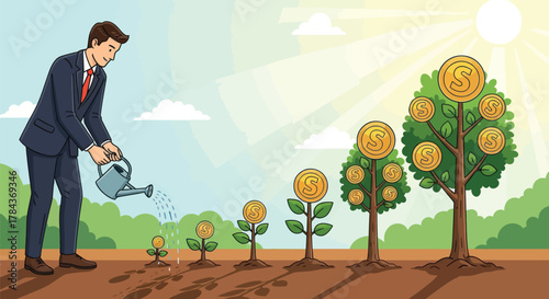 Watch your investments grow like trees with this businessman's gardening skills, representing financial success and the power of long-term investments