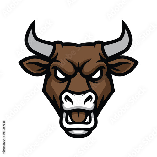 Angry brown bull head with sharp horns and white muzzle animal