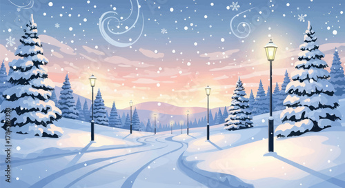 Enchanting winter landscape with snow-covered trees and glowing street lamps, perfect for holiday promotions and seasonal greetings with a dreamy aesthetic
